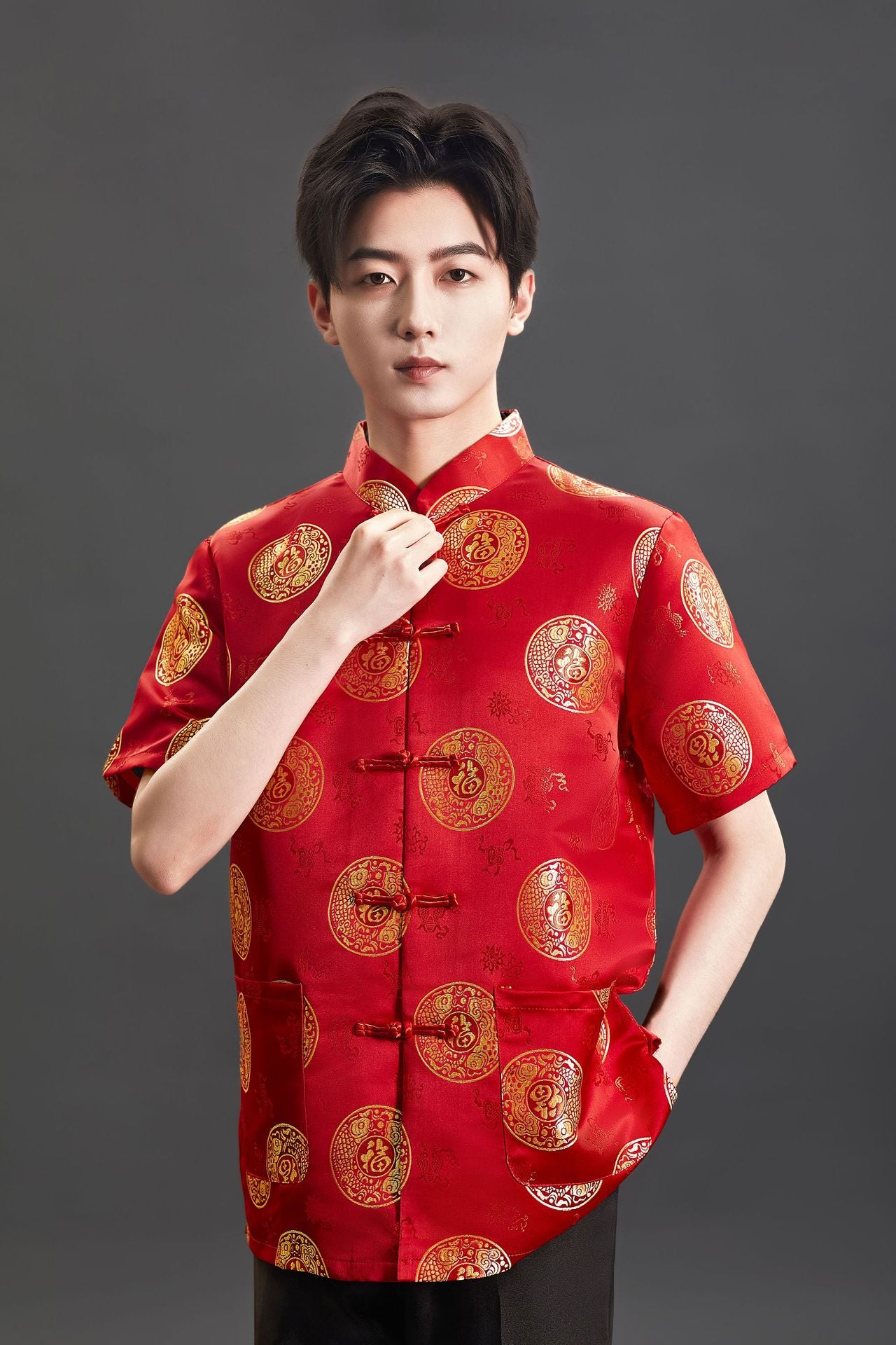 Chinese Traditional Red Tang Suit Top Mens Kung Fu Wedding Banquet Shirt