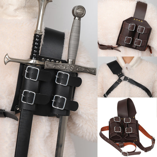Medieval Knight Double Sword Belt Harness PU Leather Cosplay Scabbard