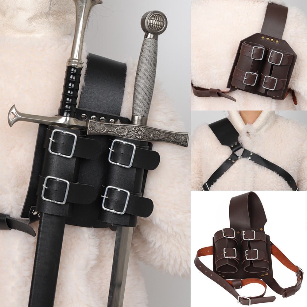 Medieval Double Sword Scabbard Harness PU Leather Knight LARP Back Holder