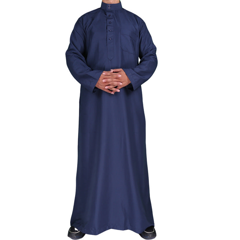 Mens Muslim Clothing Saudi Arab Long Sleeve Thobe Islamic Jubba Kaftan Long Robe Dark Blue Bisht
