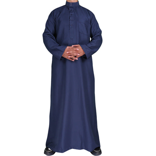 Mens Muslim Clothing Saudi Arab Long Sleeve Thobe Islamic Jubba Kaftan Long Robe Dark Blue Bisht