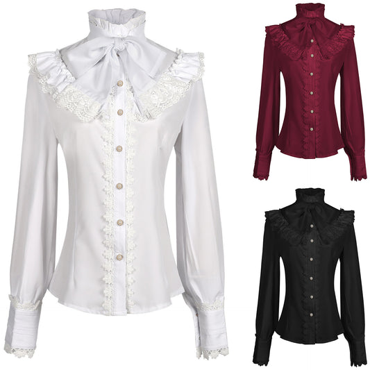 Victorian Era Shirt Women's Gothic Shirt Vintage Long Sleeve Lotus Pleated Top Black/White/Wine Red