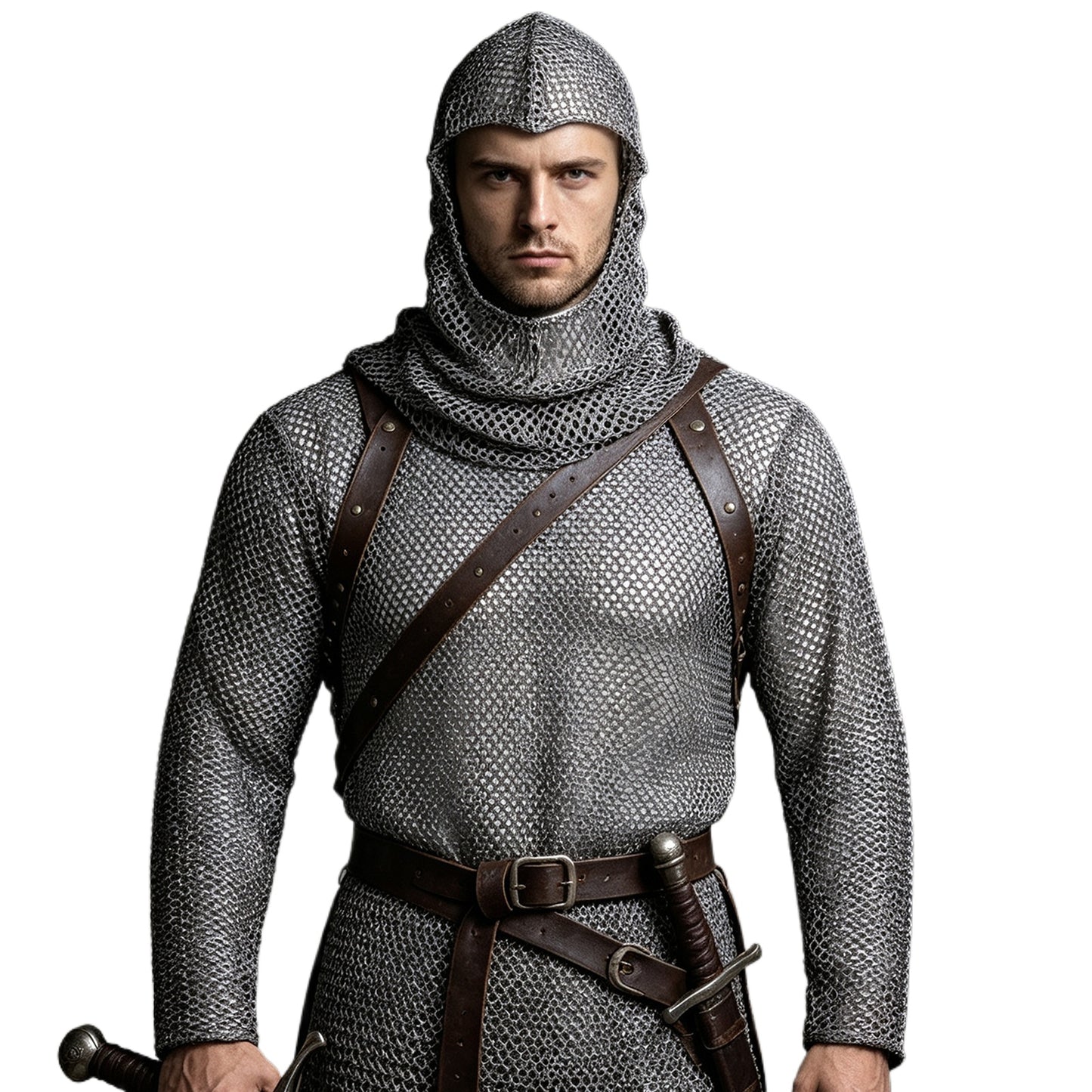 Medieval Knight Costume Mens Hooded Chainmail Look Shirt Halloween LARP Cosplay
