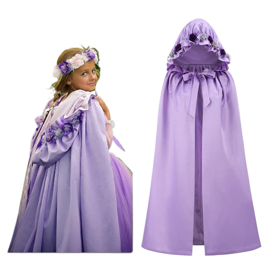 Girls Purple Satin Hooded Cloak Fairy Princess Dress Cape Christmas Cosplay Outfit