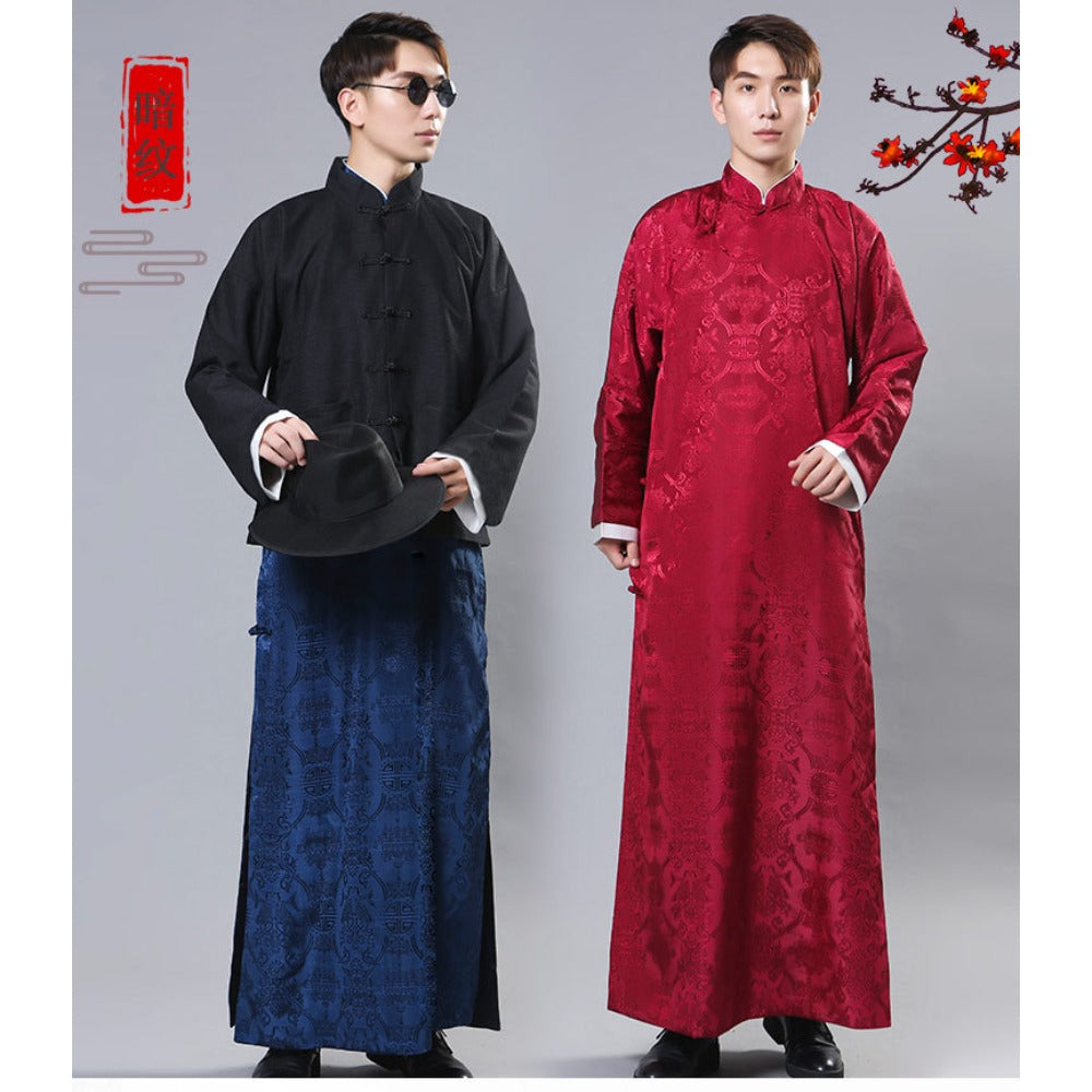 Mens Chinese Changshan Long Gown Groomsman Wedding Host Performance Robe