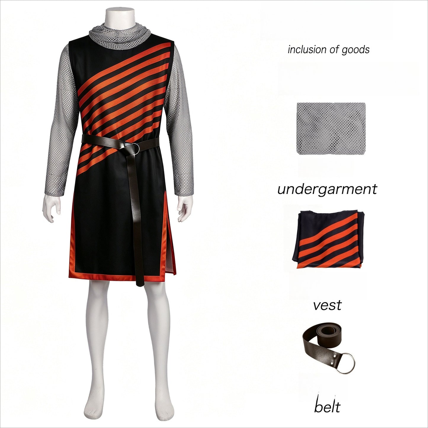 Medieval Knight Costume Mens Hooded Chainmail Look Shirt Halloween LARP Cosplay