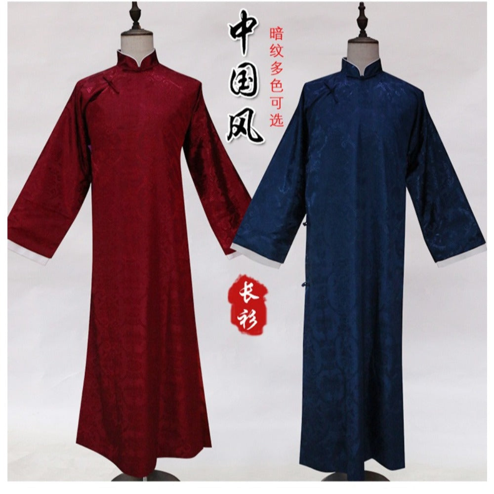 Mens Chinese Changshan Long Gown Groomsman Wedding Host Performance Robe