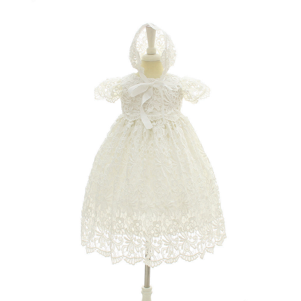 Baby girl's baptism dress and bonnet in white, with detailed lace and ribbon embellishments.