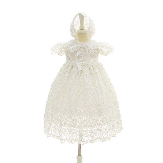 Baby girl's baptism dress and bonnet in white, with detailed lace and ribbon embellishments.